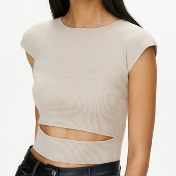 Aritzia Women's Wilfred Yacine Knit Wool Brown Beige Cut-Out Top size M - Picture 2 of 8